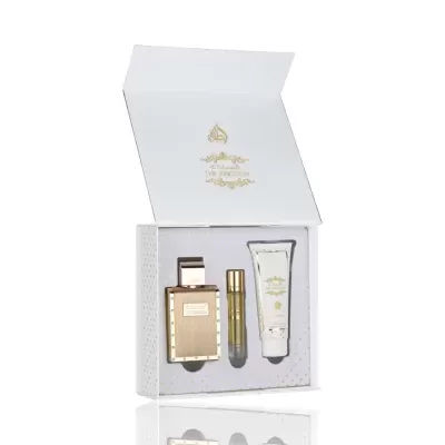 Conjunto de cosméticos com frasco dourado, frasco cilíndrico e tubo branco