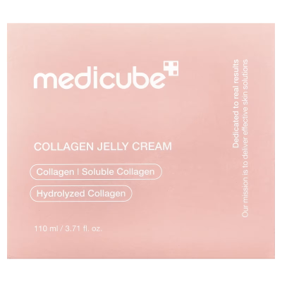 Embalagem cor-de-rosa do Medicube Collagen Jelly Cream com textos brancos