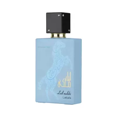 Frasco de perfume azul com tampa preta e desenho de cavalo