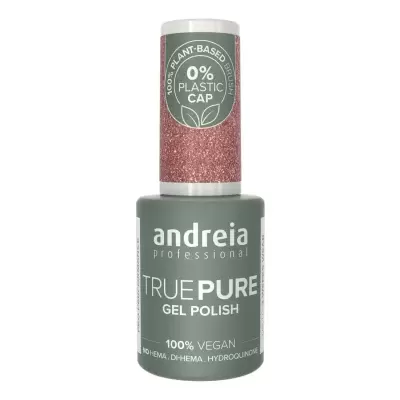 Frasco de verniz gel Andreia Professional True Pure verde com tampa rosa glitter e texto indicativo.