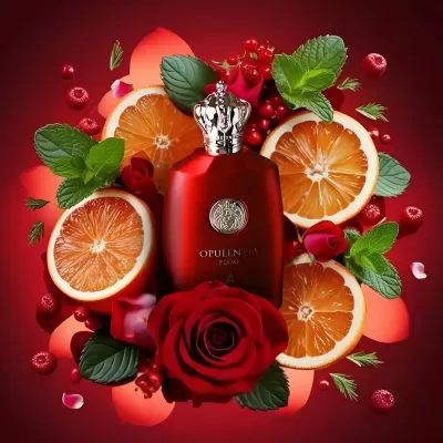 Perfume vermelho OPULENCIA TEAM com tampa de coroa, rodeado por frutas e flores vermelhas e verdes