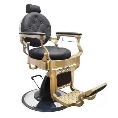Cadeira de barbeiro em metal dourado e estofos pretos acolchoados