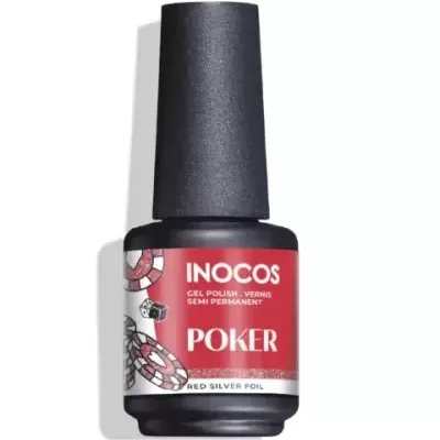 Verniz gel INOCOS POKER Red Silver Foil com tampa preta e rótulo vermelho