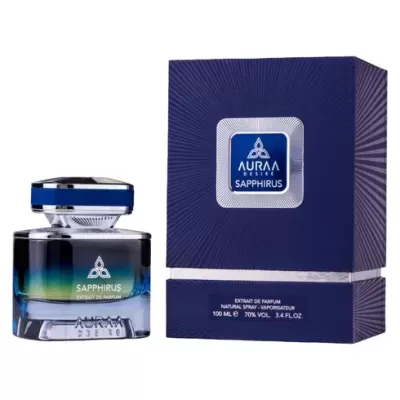 Frasco e caixa de perfume Sapphirus Auraa Desire azul e prateado