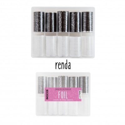 conjunto de rolos de foil para unhas com padrão rendado preto e branco, embalagem transparente com etiqueta rosa