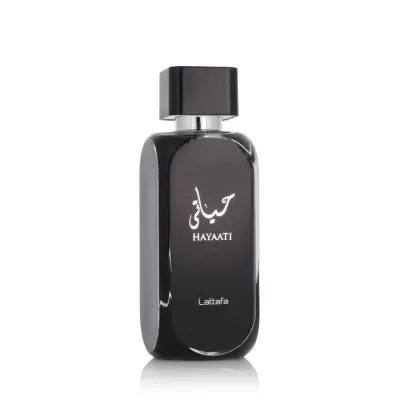 Frasco preto brilhante de perfume HAYAATI com texto branco em fundo branco
