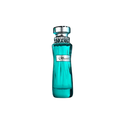 Frasco de perfume azul translúcido com tampa prateada e etiqueta