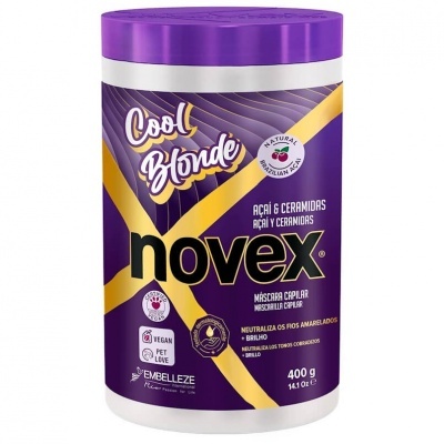 Pote de máscara capilar Novex Cool Blonde Açaí & Ceramidas 400 g, embalagem roxa com detalhes dourados