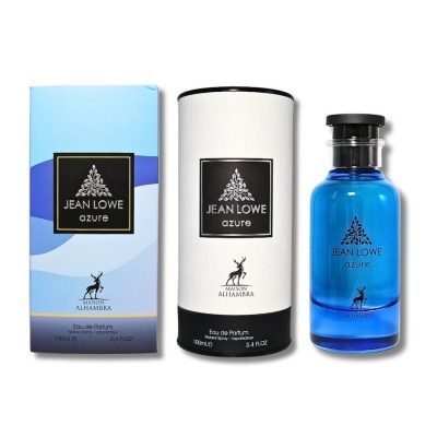 Perfume Jean Lowe Azure da Maison Alhambra com frasco azul e embalagem azul e branca