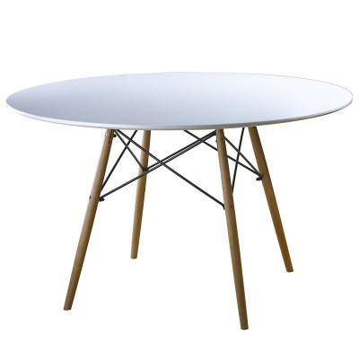 Mesa redonda branca com pernas de madeira