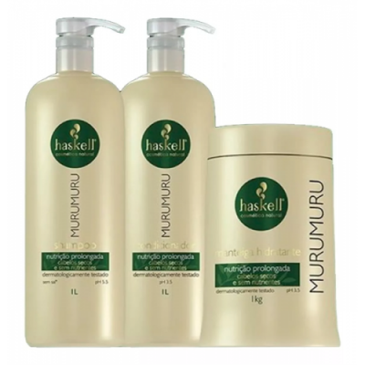 Três produtos Haskell Murumuru em embalagem bege com rótulos verdes sobre fundo branco.