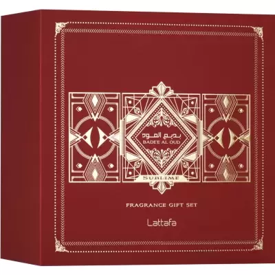 Caixa de presente para fragrância Badee Al Oud Sublime em vermelho com detalhes dourados