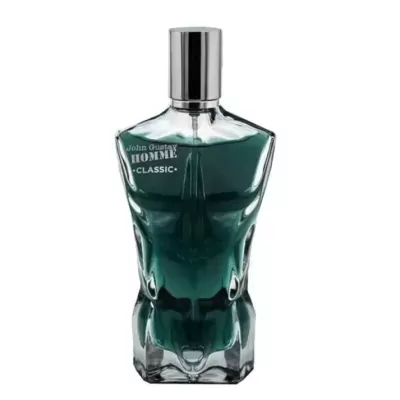 Frasco de perfume com formato de torso masculino e texto John Gustavo HOMME CLASSIC