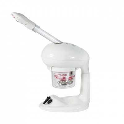 Máquina facial a vapor branca com base e recipiente transparente para água