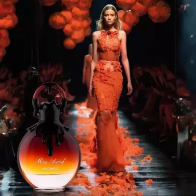 Frasco de perfume vermelho e laranja ao lado de modelo com vestido vermelho texturizado numa passarela.