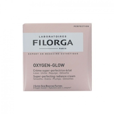 Caixa de creme facial Filorga Oxygen-Glow rosa com texto em preto