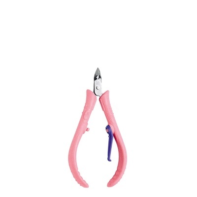 Alicate de corte rosa com lâminas metálicas e mola azul