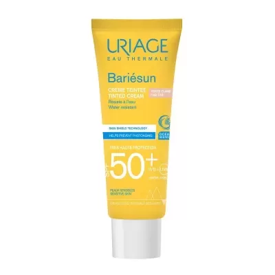 Frasco amarelo de creme solar URIAGE Bariésun SPF 50+