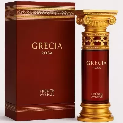 Frasco de perfume vermelho e dourado junto a caixa com texto Grecia Rosa French Avenue