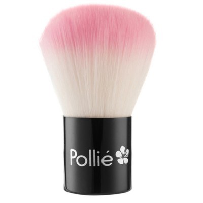 Pincel de maquiagem kabuki com cerdas rosa e branco e cabo preto com texto Pollié