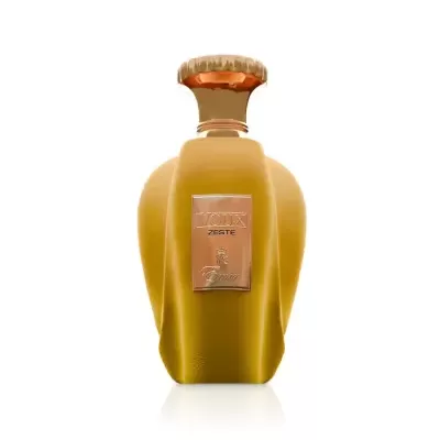 Frasco amarelo de perfume com tampa dourada e rótulo metálico 'LOUIS ZESTE'