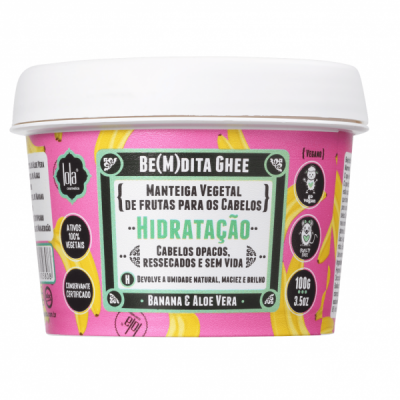 Embalagem de manteiga vegetal para cabelos Be(m)dita Ghee com ingredientes banana e aloe vera