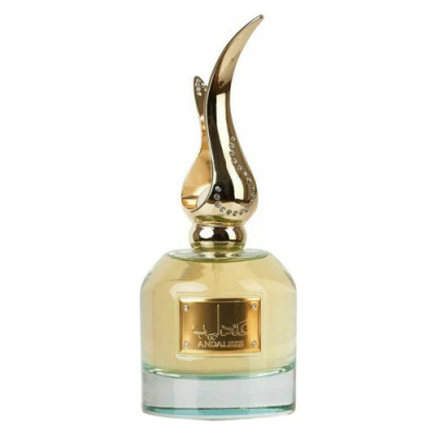 Frasco de perfume com tampa dourada curvada e placa dourada com texto