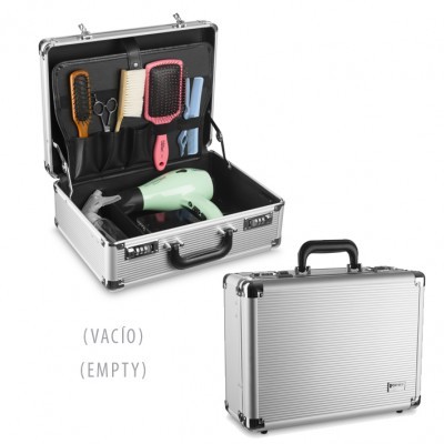 Mala de alumínio com ferramentas de cabelo, escovas, secador e tesouras