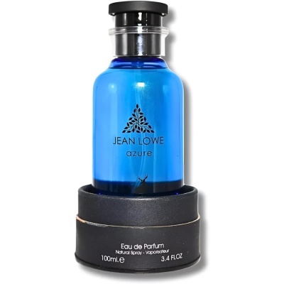 Frasco azul de perfume Jean Lowe Azure com tampa e suporte pretos