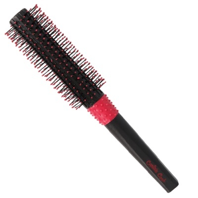 Escova de cabelo redonda preta e vermelha com cerdas finas e cabo texturizado
