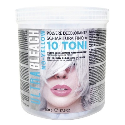 Pote de pó descolorante Ultra Bleach Professional com rótulo e imagem de rosto