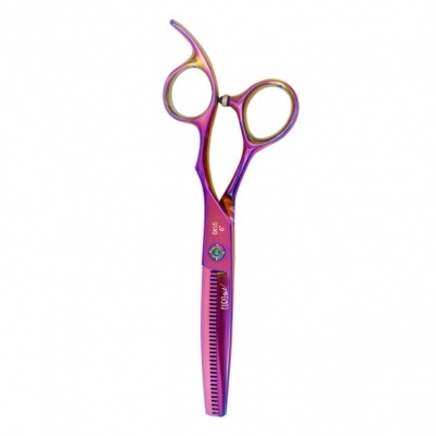 Tesoura profissional de cabelo iridescente roxa e dourada com dentes de um lado.