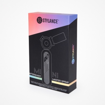 Embalagem preta com gradiente rosa e azul do StyLance MINI Aftershave Mister Spray