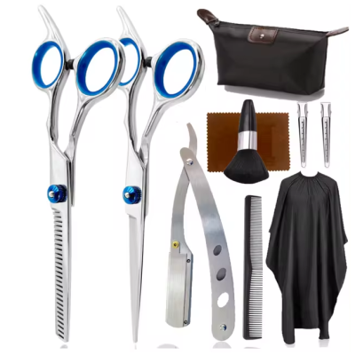 Conjunto completo de barbearia com tesouras, navalha, pente, clipes, escova, toalha, capa e bolsa