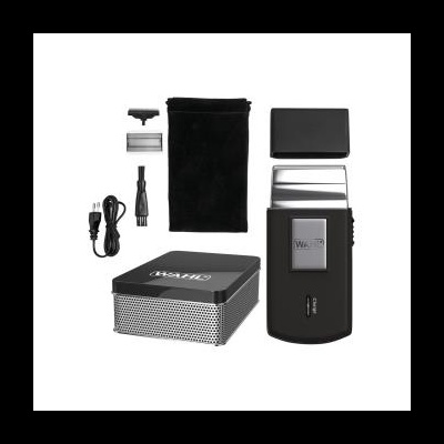 Conjunto de barbear elétrico preto com acessórios e estojo metálico