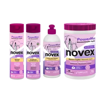 Produtos capilares Novex PowerMax em embalagens rosa, lilás e branco