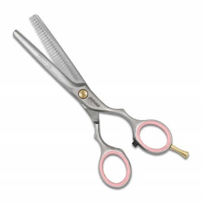 Tesoura de desbaste para cabelo metálica cinzenta com detalhes em rosa