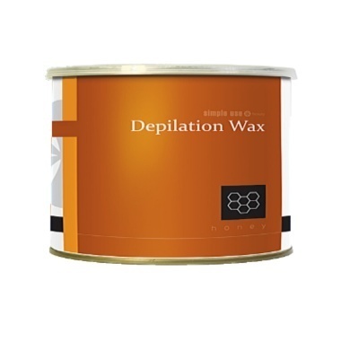 Lata metálica de cera depilatória com rótulo laranja e texto 'Depilation Wax'