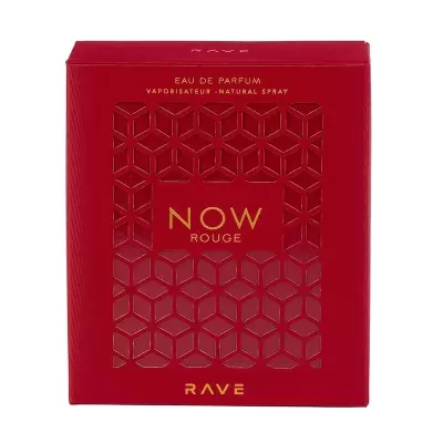 Embalagem vermelha de perfume NOW ROUGE RAVE com padrão geométrico