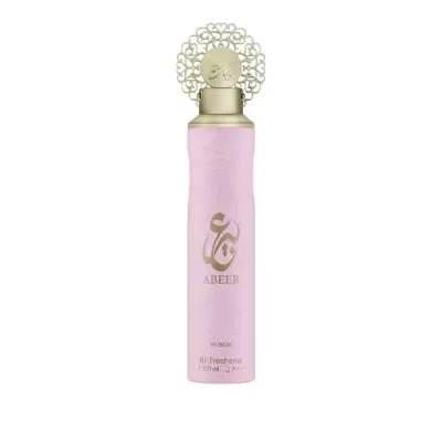 Ambientador spray rosa com detalhes dourados e design floral, marca ABEER, 300 ml.
