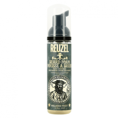 Frasco de espuma para barba REUZEL com rótulo cinza e figura de homem barbudo