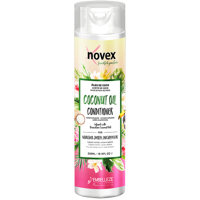 Frasco de condicionador Novex Coconut Oil com tampa transparente e etiqueta colorida