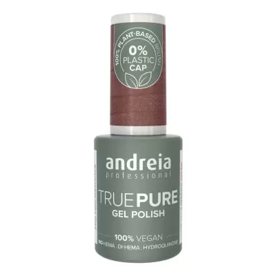 Verniz gel verde cinza Andreia True Pure com tampa castanha e texto branco
