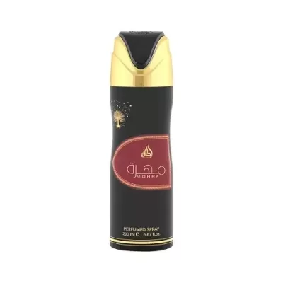 Frasco de spray perfumado Mohra preto e dourado com rótulo vermelho