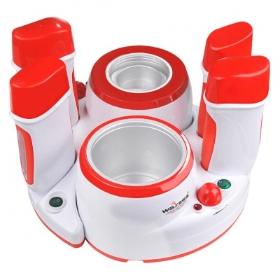 Aparelho para derreter cera de depilação branco e vermelho com quatro recipientes e botões.