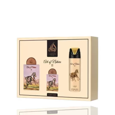 Conjunto de presente Lattafa Pride Art of Nature II com perfumes e spray perfumado, embalagem bege com desenhos de cavalos.