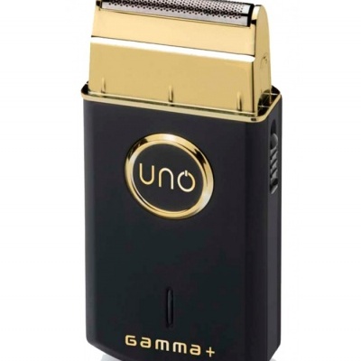 Aparelho de barbear elétrico preto e dourado com marca 'uno' e 'Gamma+'
