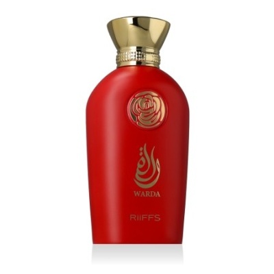 Frasco de perfume vermelho com tampa dourada e texto dourado