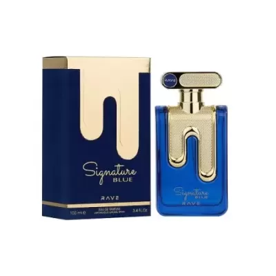 Perfume Signature Blue da Rave com frasco azul e tampa dourada, ao lado da caixa
