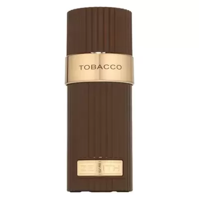 frasco castanho com rótulos dourados TOBACCO e ZENITH